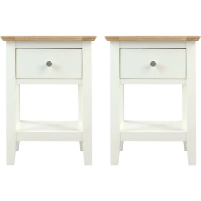 Image of Hallowood Furniture Clifton Oak Set of 2 Green Off White Side Table with Drawer and Shelf, Solid Wooden Small Bedside, Plant Stand, Lamp for Bedroom, Coffee Living Room