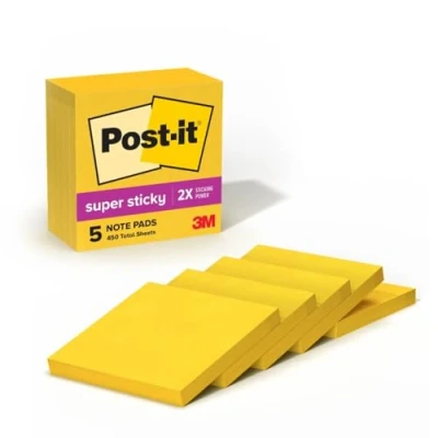 Image of Post it Super Sticky Notes, 3x3 in, 5 Pads, 2X The Sticking Power, Electric Yellow, Recyclable(654 5SSY)