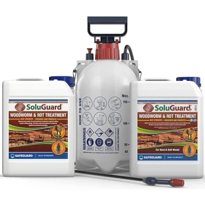 Image of Soluguard Woodworm and Rot Treatment (2x5L Clear &amp; Sprayer) Ready for Use Pump Action Pressure Sprayer. Solvent free Preservative Killer. HSE approved