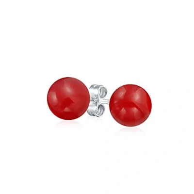 Image of Simple Dyed Red Natural Coral Ball Round Stud Earrings For Women .925 Sterling Silver 6MM