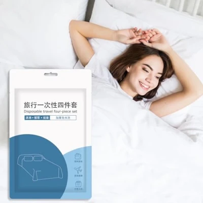 Image of 4pcs Premium Disposable Travel Bedding Set Large Size Bed Linens including One Bedsheet, Quilt Cover, Two Pillowcases, Portable Ready To Use Bedset Breathable for Hotel Camping Trip Hospital