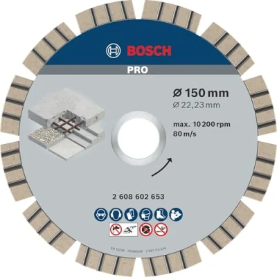 Image of Bosch 1x PRO Concrete Diamond Cutting Disc for Bore 22.23 and Large Angle Grinders (for concrete, Reinforced Ø 150 mm, Professional Accessory Grinder)