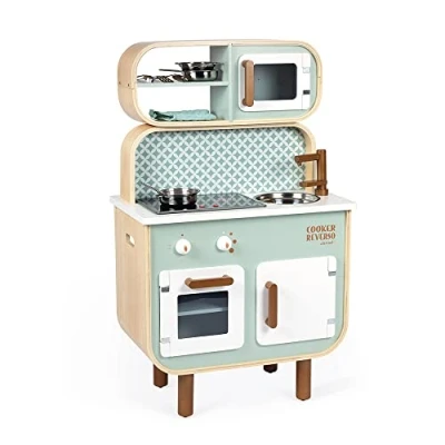 Image of Janod J06594 Double Sided Cooker Reverso children&#039;s Wood Light and Sound blue with 7 Accessories from 3 Years Old