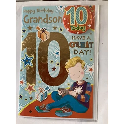 Image of Happy Birthday Grandson 10 Have A Great Day! Card With Badge 10th Ten Tenth Cute Boy Gamer Foil Detail(CC7528/01)