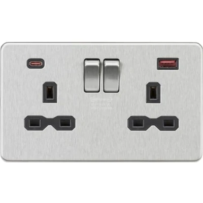 Image of KnightsBridge 13A 2G DP Screwless Switched Socket with Dual USB A+C Brushed Chrome, Black Insert