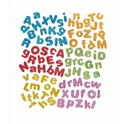 Image of Baker Ross EX594 Glitter Letter (Pack of 850) Puffy Scrapbook Stickers in Fun Self Adhesive Foam Shapes, Vinyl, Assorted, 1cm 1.5cm