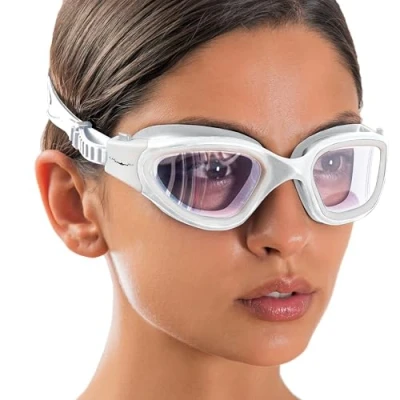 Image of AqtivAqua Swimming Goggles Adult and Kids 6 14 Men Women Swim Childrens Boys Girls DX C (All White frame, Silver case, Clear lens)