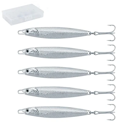 Image of Dr.Fish Metal Sea Fishing Lures Silver Minnow Spoon Set of 5 Tackle Mackerel Cod Bass Pike Stinger Spinner Jigs 30g