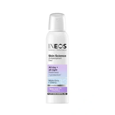 Image of INEOS Skin Science Unbeatable Protection Against Odour + Sweat. All Day Night. Aerosol Antiperspirant Deodorant White Orris Cherry Plant Based Essential Oils 200ml