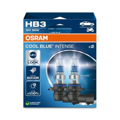 Image of OSRAM COOL BLUE® INTENSE HB3, +100% more brightness, up to 5,000K, halogen headlight lamp, LED look, Hanging folding box (2 lamps)