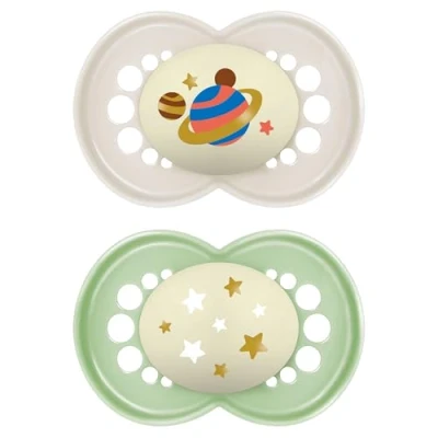 Image of MAM Night Pacifiers (2 Pack, 1 Sterilizing Pacifier Case), 6+ Months, Best for Breastfed Babies, Glow in The Dark Pacifier, Unisex Baby