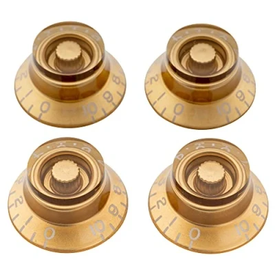Image of Musiclily Pro Left Handed Metric Size 18 Splines Bell Top Hat Control Knobs for Asia Import Guitar Bass Split Shaft Pots, Gold(Set of 4)