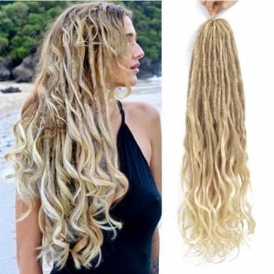 Image of DT CHERYL Loose Wave Dreadlocks 24 Inch 10 Strands Double Ended Dreadlock Extensions With French Curly Ends, 0.6CM Thin Synthetic DE for Women (27/613#, Strands)