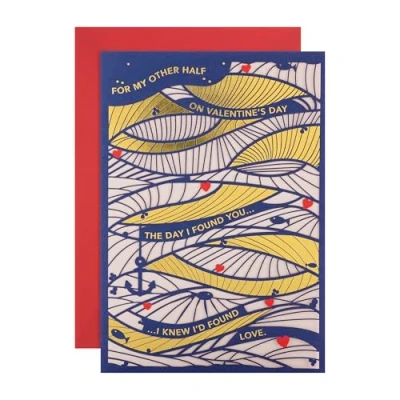 Image of Hallmark Better Half Valentines Card, Card for Half, Abstract Sea Design, Valentine&#039;s Day, With Envelope, Blue, Gold
