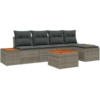 Image of vidaXL 6 Piece Garden Sofa Set with Cushions Grey Poly Rattan Acacia