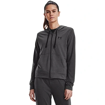 Image of Under Armour Women&#039;s Rival Terry Zip Hooded Sweatshirt Fleece Tops, Jet Gray, L