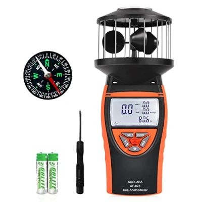 Image of SURLABA Wind Cup Anemometer, Speed Meter XF 878 Range 0.7 42m/s, High Accuracy Gauge Measures MAX/MIN/AVG Velocity &amp; Temperature, Air Flow Tester for Drone, Sailing, Surfing