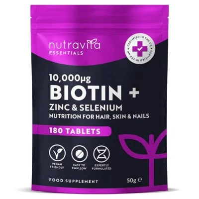 Image of Nutravita Biotin Hair Growth Supplement 10,000mcg Scientifically Proven to Maintain Normal Skin &amp; Nails 180 High Strength Vegan Tablets with Zinc Selenium Vitamins for Women Men