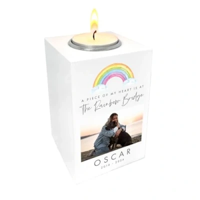 Image of Personalised Watercolour Rainbow Pet Memorial Photo White Tea Light Holder Custom &amp; Message Sympathy Gift for Loss W7cm x D7cm H10cm