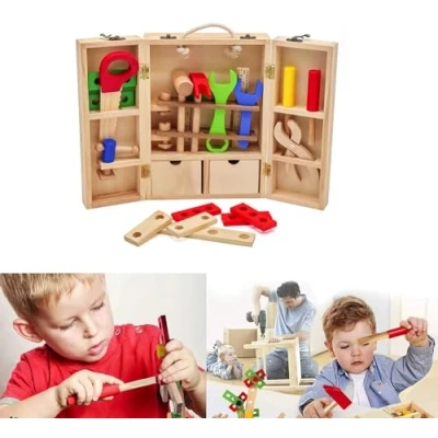 Image of BLUEBRIT® Wooden Tool Box Carrycase Pretend Role Play Assembly Construction Toys Kids Gift 35 Piece Set Encourages Fine Motor Skills and Imaginative Play, Includes Hammers, Screws More