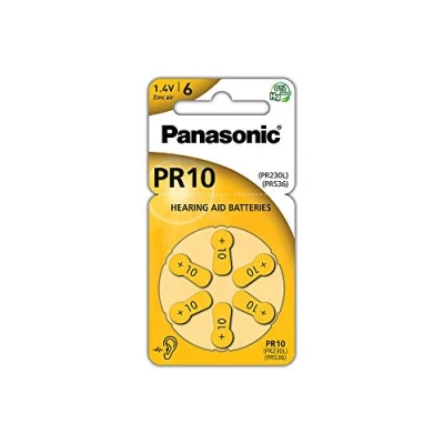 Image of Panasonic PR10 Zinc Air batteries for hearing aids, type 10, 1.4V, aid batteries, 6 in a pack, yellow