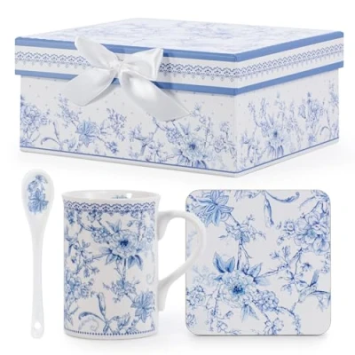 Image of EHC Porcelain Orchid Design Tea/Coffee Mug with Spoon &amp; Coaster Set, Microwave Safe, Oven Dishwasher Gift Boxed, 320ml Ideal for Tea, Coffee, Latte, Hot Chocolate, Gifts and More