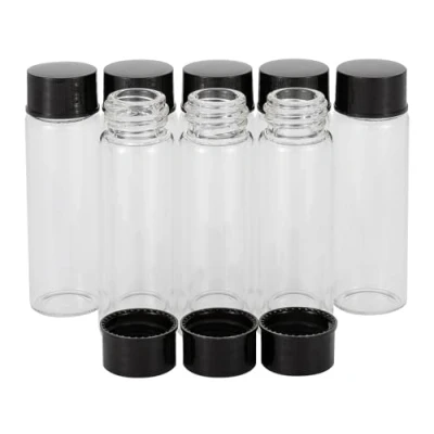 Image of Unxuey 8pack 15ml (1/2 Oz) Clear Glass Vials Sample Bottles with Plastic Screw Black Cap Transparent Lab Cosmetic Container