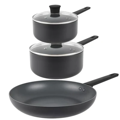 Image of Russell Hobbs COMBO 8809 3 Piece Pan Set 16/20 cm Saucepans, 28 Frying Pan, Non Stick, Induction, Includes Glass Lids, Little/No Oil, Soft Touch Handles, High Performance, Shield Collection