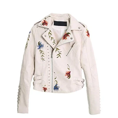 Image of Floral Leather Jacket,Classic Biker Jacket,Women&#039;s Embroidered Faux Moto Jacket Coat Slim Fitted Zip Up Short Outwear (White, XXL)