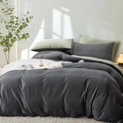 Image of Lanqinglv Fluffy Bed Linen 135 x 200 cm Green Grey Winter Plush Flannel Fleece Reversible Bedding Set Warm Cashmere Touch Flannelette Duvet Cover with Zip and 1 Pillowcase 80