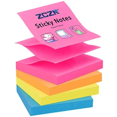 Image of ZCZN Pop up Sticky Notes 76 x mm, 4 Pads Assorted Colours Self Stick Notes, 100 Sheets/Pad (Rose Red,Yellow,Blue,Orange)