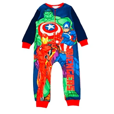 Image of Marvel Avengers Boys Fleece Onesie All in One Pyjamas Kids Sleepsuit Onezee 4 10 Years (Front &amp; Back, 5 Years)