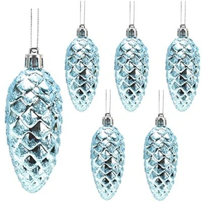 Image of Christmas Concepts® Pack of 6 90mm Pine Cone Baubles Shiny and Glitter Decorated Luxury Decorations (Ice Blue)