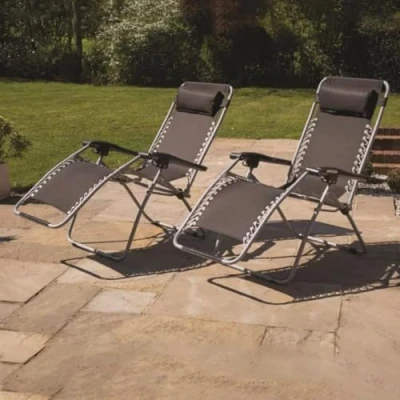 Image of Garden Mile 2 X Reclining Sun lounger With Padded Head Rest Recliner Chair Strong Steel Gravity folding Tanning Bed furniture Patio Outdoor Waterproof Chairs