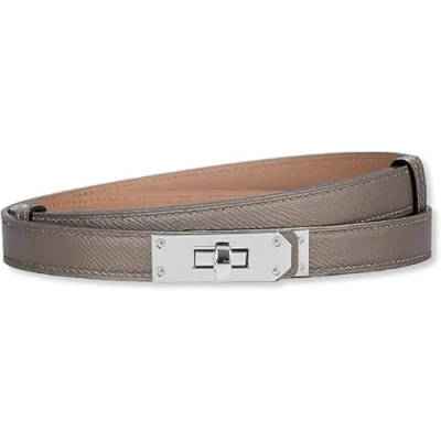 Image of baizhong Women Skinny Leather Belt Classic Solid Color Alloy Turn Lock Ladies Adjustable Slim Thin Waist （Grey Brown/Silver）
