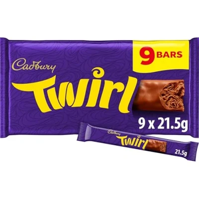 Image of Cadbury Twirl Milk Chocolate Bar, The Classic Creamy Taste, Multipack of Single Bars 21.5 g (Pack 9)