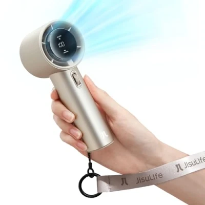 Image of JISULIFE Portable Handheld Fan,Speed(1 100) Adjustable Turbo Mini Fan,5000mAh Battery Rechargeable Personal Fan with Metal Body,Digital Display,For Women Men Travel/Camping/Outdoor Brown