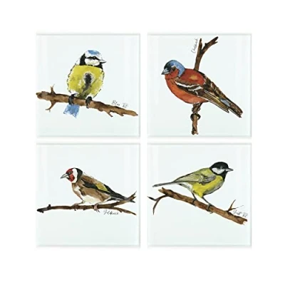 Image of British Birds Glass Coaster Set Square Painted Garden By Rhiannon Chauncey Goldfinch, Great Tit, Blue Chaffinch of Four (4) Coasters
