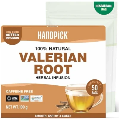 Image of HANDPICK, Valerian Root Tea Bags (Valeriana) 50 Count Non GMO, Caffeine Free, Real Ingredients Earthy/Woody Herbal Round Eco conscious