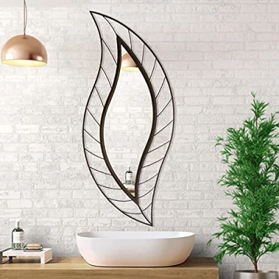 Image of ironsmithn Wall Mirror Mounted Decorative Leaf Stylish Decor for Bathroom Vanity, Living Room or Bedroom