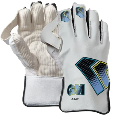 Image of Gunn &amp; Moore GM Cricket Wicket Keeper Keeping Gloves Aion Cotton Lining Pimple Rubber Palm PVC Faux Leather Back of Hand Youths 1 Pair White, Cyan Fluro with Logo