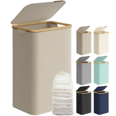 Image of SONGMICS Laundry Basket with Lid, Large Hamper, 90L, Removable Mesh Liner, Oxford Fabric, Bamboo Handles, Collapsible, 42 x 32 70.5 cm, Camel Brown LCB509N01V1