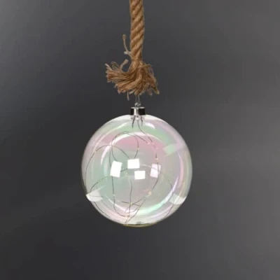 Image of URBNLIVING LED Light Up Glass Ball Orb Globe On 1m Brown Jute Rope With Timer Décor Xmas (Iridescent, 20cm)