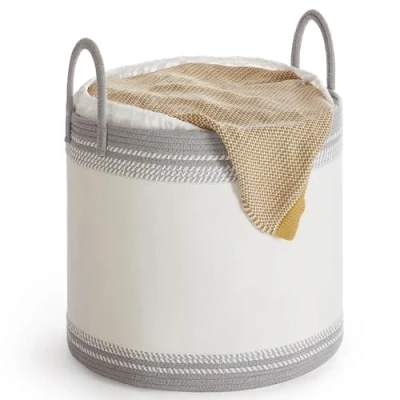 Image of SONGMICS Laundry Hamper, 90 L Basket, Bag with Lid, Handles, Drawstring, for Clothing, Blankets, Living Room, Bedroom, 50 x 46 cm, Dove Grey RLH090G01