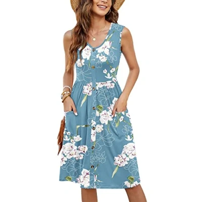 Image of MOLERANI Summer Dress for Women UK Sleeveless Ladies Casual V Neck Beach Swing Button Midi Sundress With Pockets Floral Light Blue 12 14 M