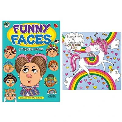 Image of Anilas Set of 2 Books: Funny Faces Sticker Book by &amp; Unicorns Rainbow Colouring Rachel Ellen Designs. Ideal for Children Aged 3 8