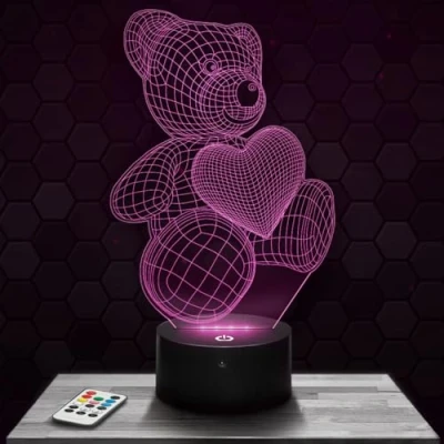 Image of Bedside lamp, Night Light Bear Heart Animal 3D LED Illusion, Christmas, Gift idea Birthday boy and Girl Child or Adult Bedroom lamp