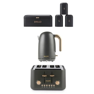 Image of Salter Pebble Kettle, Toaster &amp; Countertop Set 1.7L Fast Boil Electric Water 4 Slice Toaster, 6 Browning Levels, Tea, Coffee, Sugar Canisters and Bread Bin, Carbon Steel Storage, Charcoal