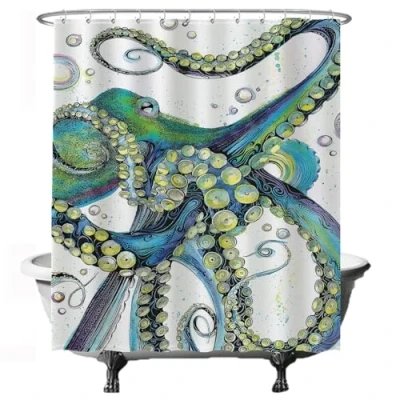 Image of Ulticool Shower Curtain Octopus Calamari Sea Natural 180 x 200 cm Washable Waterproof with 12 Rings