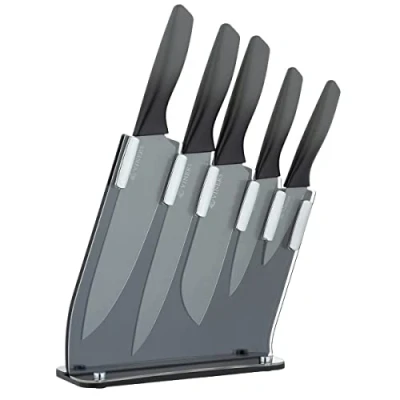 Image of Viners Twilight Knife Block Gift Box Set of 6 Piece, 5 Kitchen Knives and Acrylic Holder, Chef, Bread, Carving, Utility Paring Knives, Grey, Stainless Steel, 0305.222